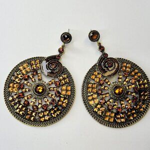 Amber Brown Rhinestone Circular Statement Earrings